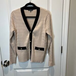 Adrianna Papell Cardigan Beige Black Trim Gold Button Cable Knit Size L